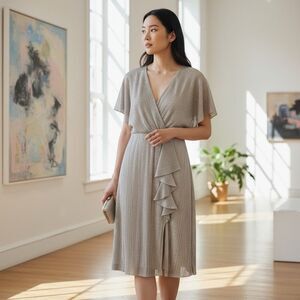 Joseph Ribkoff Midi Dress Sz 10 Silver V Neck Half Sleeve Ruched Bride Mother